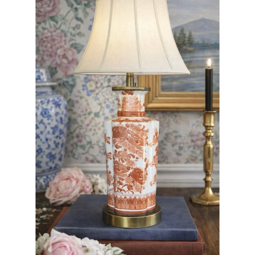 Vintage Kutani Style Porcelain Table Lamp Red Floral Chinoiserie Asian Decor